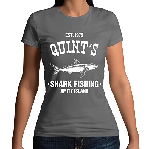 Image of Womens Quints Fishing Shark Jaws Inspired Amity Cult Movie T-Shirt Charcoal Grey UK 12-14 (XL)