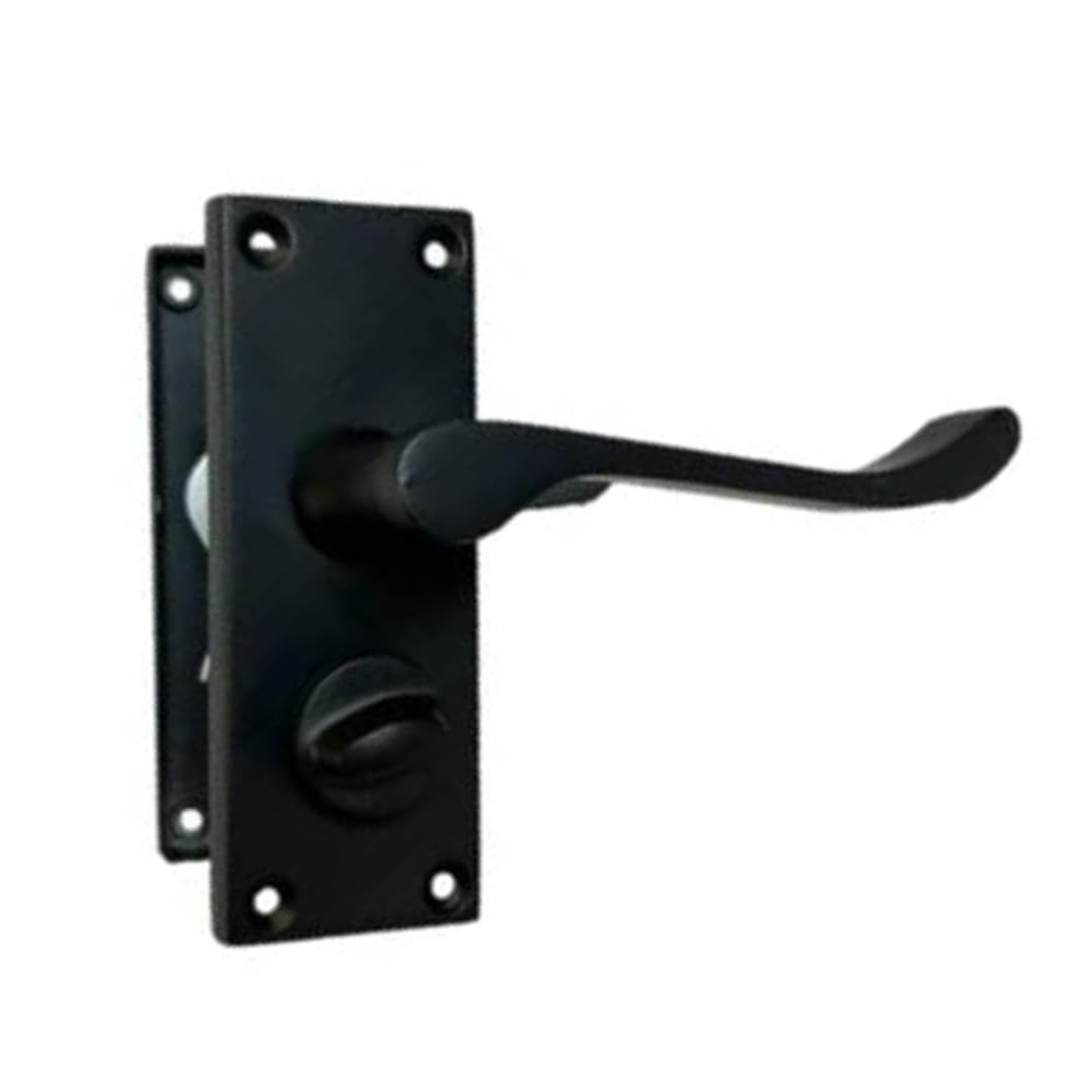 Epsom Door Handle Matt Black Scroll Door Handle Set - Victorian Style Internal and External Lever Door Handles with Backplate (Privacy Bathroom)