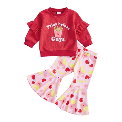 SAYOO Toddler Girl Valentines Day Outfits XOXO Letter Print Ruffle Sleeve Sweatshirt+Flare Pants Set Spring Heart Clothes (Fries Before Guys Red 18-24 Months)