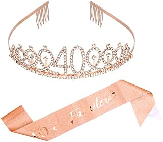 Leixi 40 and Fabulous Sash & Rhinestone Tiara Set - 40th Birthday Gifts Birthday Sash for Women Birthday Party Supplies (Rose Glod)