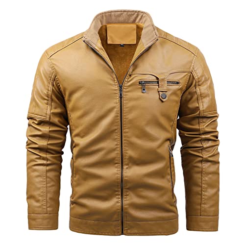 Manteau d'hiver homme en cuir PU premium style motard rétro avec col montant doublé