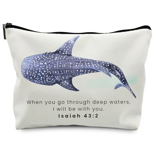 RYYCDOI Whale Shark Christian Weather Makeup Bag Pouch, Christian Shark Gifts for Women, Bible Verse Gifts Isaiah 43:2, When you go through deep waters I will be with you(PU)