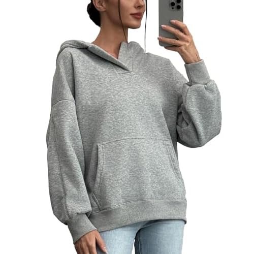 PAODIKUAI Women's Oversized Hoodies V Neck Pullover Fleece Sweatshirt Long Sleeve with Pocket Casual Winter Fall Outfits Grey X-Large