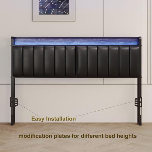 Image of King Size Upholstered Headboard with LED Lights & Charging Station, PU Upholstery, King Headboard Only, Height Adjustable, Attach Frame, Sturdy and Stable, Easy Assembly
