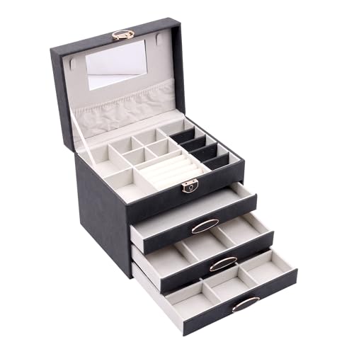 Image of BucketList Luxury PU Leather Jewellery Organizer Box with Mirror & Lock | 3 Drawer Jewelry Storage Case with Ring Rolls & Compartments (4 Drawers Jewelry Box with Mirror (Black))