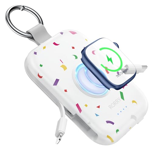 Image of RORRY CharmGo Portable Charger, 5000mAh Portable Charger Power Bank with Built-in Cables, Travel Keychain Battery Pack for Apple Watch and iPhone Air /17 /16 /15 /14 /13 /12, Confetti-White