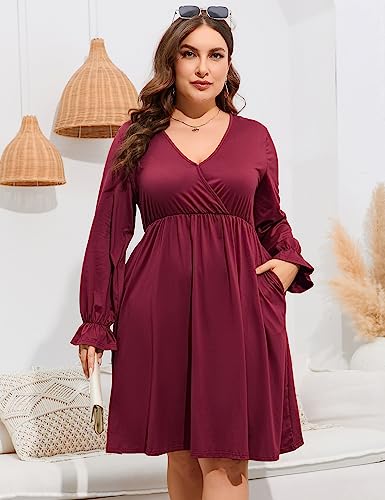 Image of ShopWonder Plus Size Dress Women's V Neck A-Line Knee Length Wrap Swing Dresses Plus Size A Line Party Mini Dress