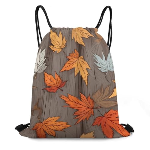 Maple Leaves on Rustic Wooden Board Autumn Drawstring Backpack Durable Sport Gym Bags Daypack for Men Women 35 * 42cm