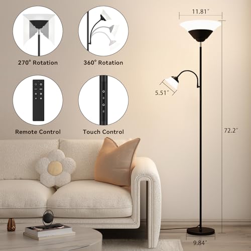 Image of SIBRILLE 2-in-1 Torchiere Floor Lamp, 34W Super Bright LED Standing Lamp with Remote & Touch Control, 72 inch Dimmable Adjustable Corner Reading Lamp for Living Room, Bedroom, Office, Black