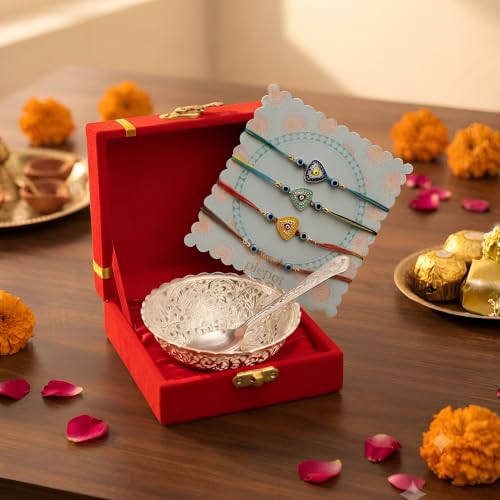 Image of Rakhi Gift Set for Brother | German Silver Bowl & Spoon | 4 Premium Raksha Bandhan Gift Hamper | Velvet Gift Box | Festive Return Gift