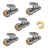 (Pack of 5) EFIELD Push Fit 1/4 Turn Straight Stop Valve Water Shut Off 1/2 Push x 3/8 Inch Compression with Dismount Clip Tool,(PF-UNI001-5PCS)