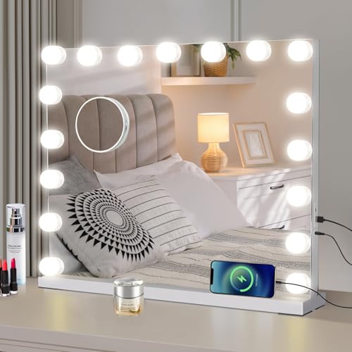 Umeiga Large Hollywood Vanity Mirror with Lights, 80x60cm Lighted Makeup Mirror with 17 Dimmable Led Bulbs, White 3 Lighting Modes, Touch Screen Control, Tabletop and Wall Mounted for Bedroom