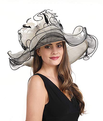 Haojing Fascinator Women's Organza Church Kentucky Derby British Bridal Tea Party Wedding Hat Summer Ruffles Cap (h3-Beige Black), Medium