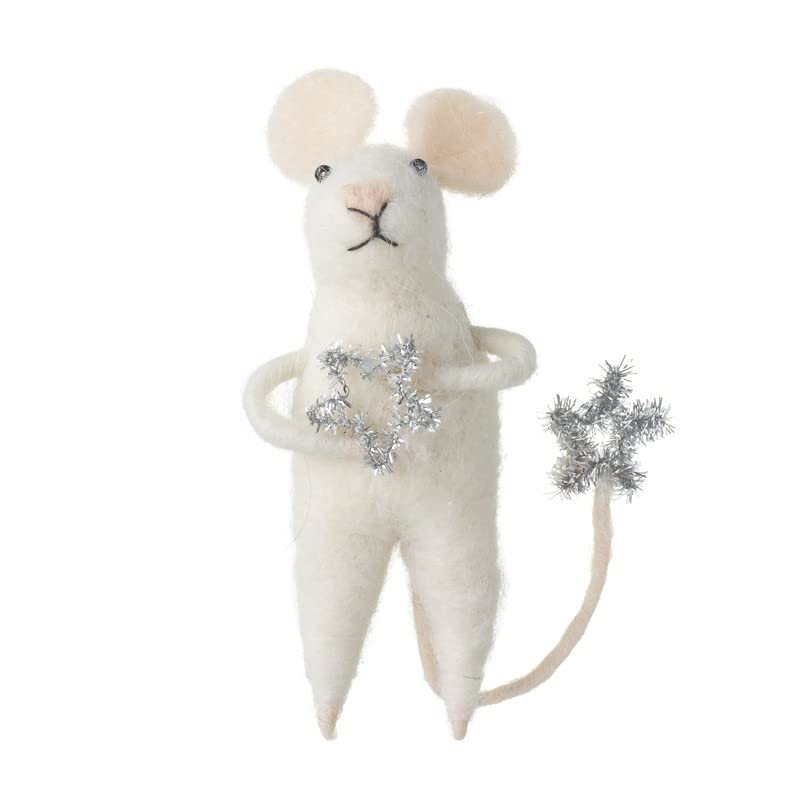 Christmas Decoration, Felt Mouse Bauble with Silver Star Tail, White Mouse with Tinsel Star Bauble, Hanging Christmas Felt Animal, Christmas Tree Bauble, Xmas White Wool Mouse Ornament