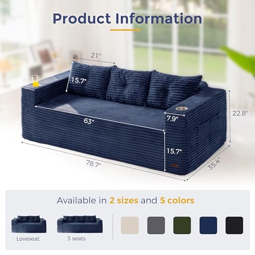 Image of MAXYOYO 79 inch Oversized Boneless Loveseat Sofa Couch for Small Spaces, Mini Love Seat Floor Couch with Cup Holders and Pillows, 3-Seater Upholstered Cloud Couch for Bedroom, No Assembly Required