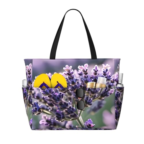 Lavender Flower Print Beach Tote Bag Waterproof Large Bags With Zipper Big Capacity For Vacation Travel