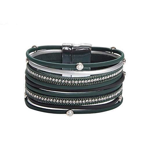 Bracelet en cuir pour femme vert rétro le cadeau idéal incrusté de zircon