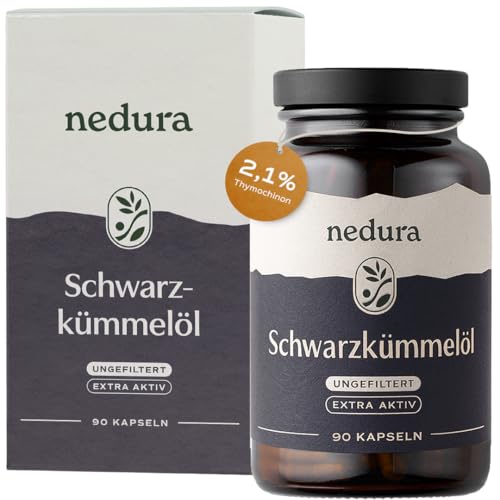 nedura Schwarzkümmelöl Kapseln extra aktiv - 90 Stück in veganer Kapsel - Schwarzkümmel mit sehr hohem Thymochinongehalt aus Äthiopien - in eigener Deutscher Manufaktur kaltgepresst