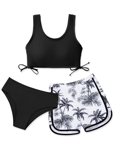 Image of Girl's 3 Piece Bikini Bathing Suit Printed Sport Swimsuits with Shorts Cove Up Sets Teen Girl's Swimwear