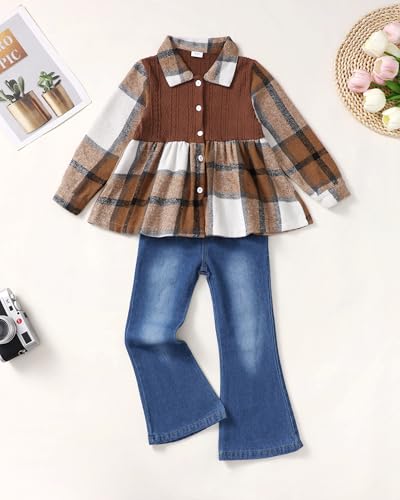 Image of SODLON Kids Toddler Girl Clothes Winter Outfits Shirt Top Bell Bottom Jeans Denim Pants Set Little Girl Fall Spring Clothing