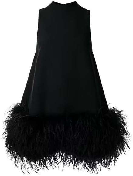 PY-05 Women's Fluffy Ostrich Feather Hem Short Mini Dress Summer Sleeveless Turtleneck Loose fit Dresses