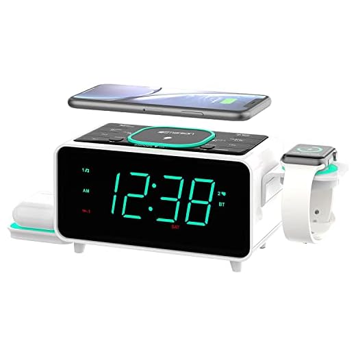 Emerson Smartset Dual Alarm Clock FM Radio with Wireless Charging, Bluetooth Speaker, Ultra Fast Charging for Airpods/iPhone, Foldable Stand, USB Charger, Adjustable LED Glow, ER100501