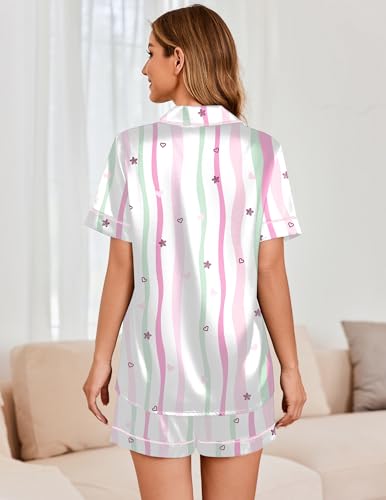 Image of Ekouaer Womens Satin Silk 2 Piece Pajamas Set Short Sleeve Sleepwear | Button Down Top and Shorts Loungewear Set for Sleep, Home, Wedding, Travel, Party, Daily Wear & Great for Sharing