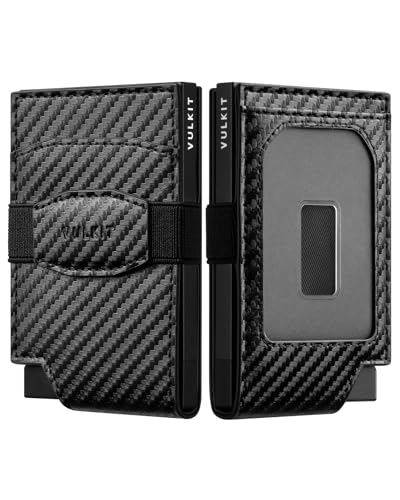 VULKIT Pop Up Card Wallet with Money Strap Leather Front Pocket Credit Card Holder RFID Blocking with ID Window Metal Wallets for Men, Carbon Fiber