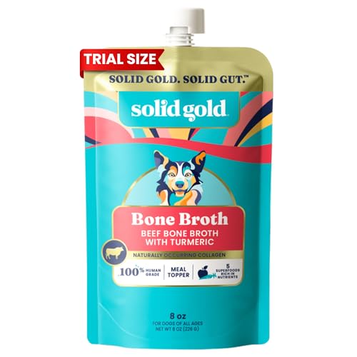 Solid Gold Beef Bone Broth for Dogs - Grain Free Dog Food Topper Rich in Collagen and Superfoods - Nutrient Dense Dog Gravy Topper for Dry Food - Promotes Gut Health and Hydration - Single