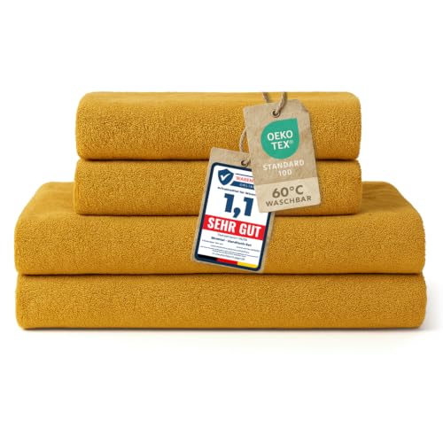 Blumtal Premium Frottier Handtücher Set 4 teilig 100% Baumwolle - Oeko-TEX zertifiziertes Badetuch 2X (70x140 cm) + Towel 2X (50x100 cm) - saugstarkes Frottiertücher Set - Handtücher Gelb
