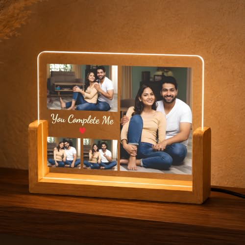 Image of Giftplease Personalized LED Acrylic Photo Frame with Custom Picture and Message, Couple Photo Lamp, Wooden Base USB LED, Romantic Bedroom Decor, Anniversary Memory Display, Wedding, Engagement