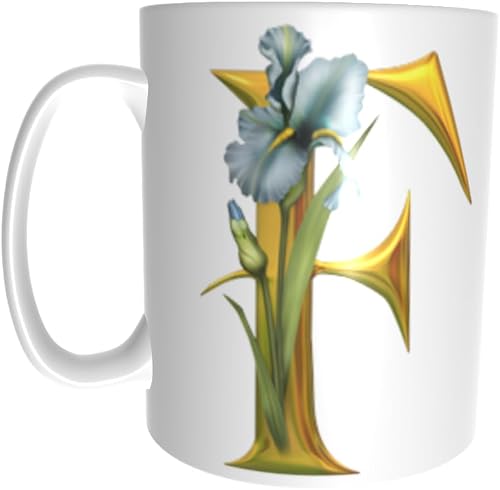 Pandok White Ceramic Mug - Alphabet Mug Flower Design - F