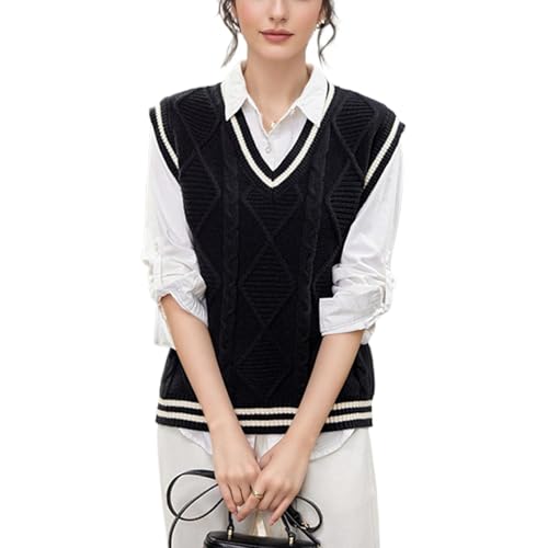 Image of Blostirno Women's V Neck Sweaters Vest Trendy Cable Ribbed Sleeveless Knit Striped Pullover Sweaters Tops