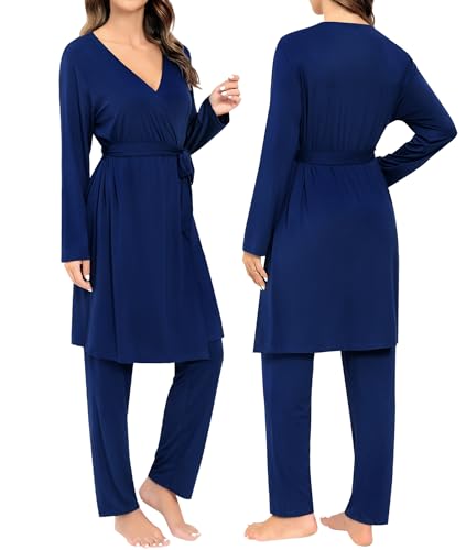 Image of SWOMOG Maternity Nursing Robe Set 3 Piece Breastfeeding Pajamas 3 in 1 Labor Delivery Sleevless Tops&Long Pants Pregnancy Pjs