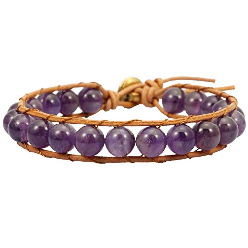 SUNYIK Amethyst Bracelets for Women, Leather Wrap Healing Beaded Bracelets for Unisex 8