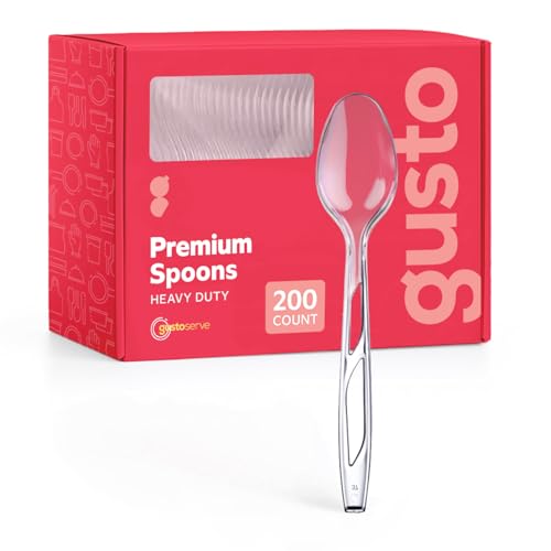GUSTO [200 Count] Premium Heavyweight Spoons Plastic Disposable, Clear Plastic Spoons Heavy Duty, Perfect for Parties, Events, and Catering (Formerly Comfy Package)