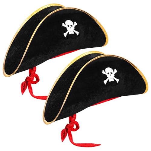 Hsei 2 Pcs Pirate Hat Pirate Accesseries Hats for Adult Captain Caps with Skull Print for Masquerade Cosplay Funny Party Supplies