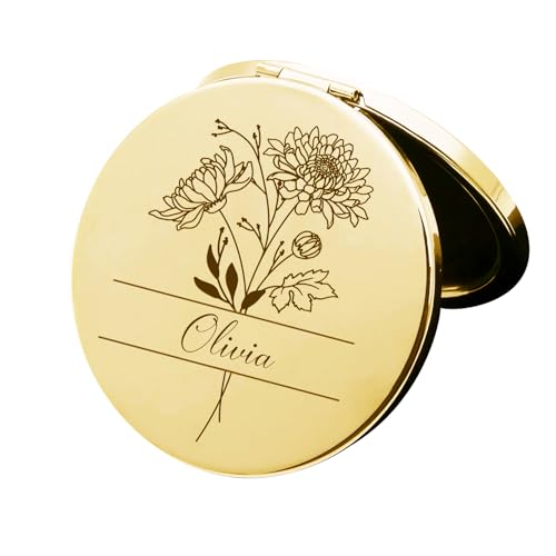 Specchio Compatto da Donna Personalizzato, Piccolo Specchio Viaggio Trucco Portatile Bifacciale - Personalizzabile Fiori di Compleanno/Iniziali, Regalo Originale Mamma, Compleanno, San Valentino
