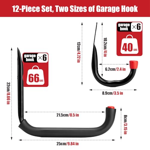 Sinoer Garage -Haken，wandhaken garage，garagenhaken，wandhaken zum schrauben，schwerlasthaken，wandhalter，gartengeräte halterung，für Gartengeräte, Leitern, Fahrräder,12 Stück