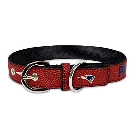 Pets First Tough Leather Pet Collar NFL New England Patriots Premium Dog Collar, Limited Edition, Size Medium. Best & Strongest Heavy-Duty Dog Collar!, Medium (16-20"" Long & 1"" Wide) (NEP-3081-MD)