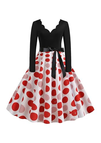 EFOFEI Damen Dot Einfarbig Rockabilly Kleid Weihnachten Kleid Langarm Petticoat Kleid Lange Ärmel Ballkleid Weiß 3XL
