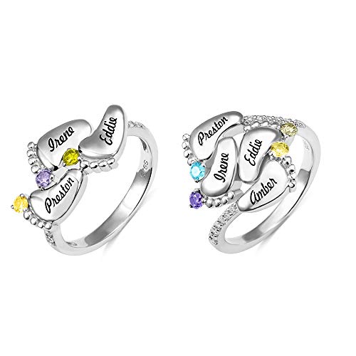 AILIN Personalized Mothers Ring 925 Sterling Silver/Gold/Rose Gold Color Custom Baby Feet Ring With Birthstone Engraved Name Mom Jewelry Gifts For Women