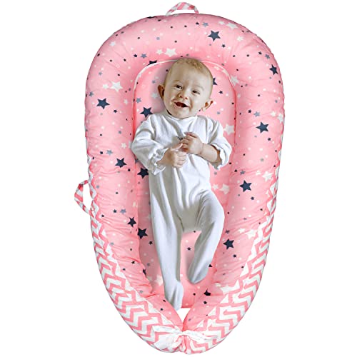 Yoocaa Baby Lounger, Soft 100% Cotton & Fiberfill Breathable Newborn Lounger, Portable Infant Floor Seat for Indoor & Outdoor (Pink Star)