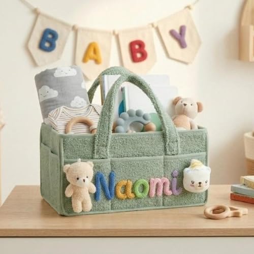 Cesta de almacenamiento de felpa personalizada para bebé, bolsillos laterales, organizador de pañales personalizado con nombre y oso, regalo personalizado para recién nacidos, bebés, niñas, baby