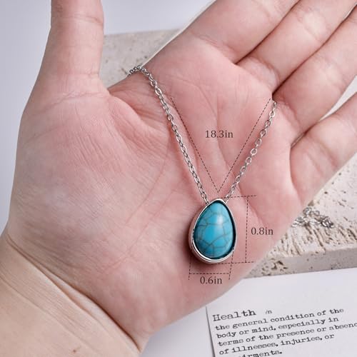 Turquoise Teardrop Necklace for Women – Silver Teardrop Turquoise Necklace with Genuine Stone, Silver Boho Gemstone Jewelry for Gift3