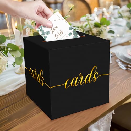 Image of 1 Pack Black and Gold Card Box for Party, 8.7 inch Black Gift Card Box for Birthday, Wedding, Baby Shower, Retirement, Anniversary, Bridal Shower, Graduation, Raffle Ticket