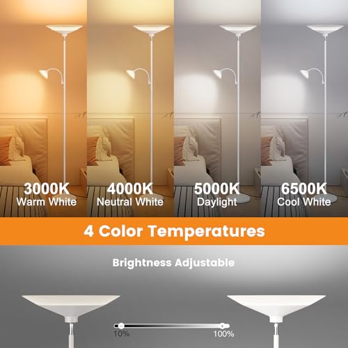 Image of SIBRILLE Upgraded 2-Light Torchiere Floor Lamp - 34W Color Changing Standing Lamp with Remote, Rotatable Floor Reading Light, Modern Standing Light with for Living Room Bedroom Office, White