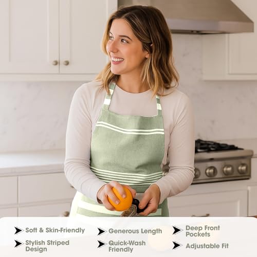 Image of Unisex Cooking Aprons | Waterproof Apron | Striped Design with 2 Front Pockets & Adjustable Neck Strap | Durable, Oil & Stain Resistant | Chef Apron for Cooking