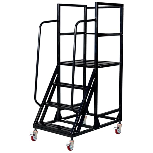 Image of 4 Step Rolling Ladder with Handrails, 1100 lbs Capacity Heavy Duty Mobile Warehouse Ladder with Wheels, Industrial Steel Non-Slip Rolling Stairs with Large Platform, for Garage Stockroom Library