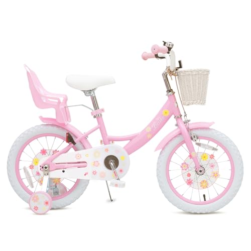 Image of Girls Bike with Basket for Toddlers and Kids Aged 3-14 Years Old, 12 14 16 18 Inch with Training Wheels & Doll Seat, 20 Inch with Kickstand & Rear Rack, Princess Style Bicycle for Gift.